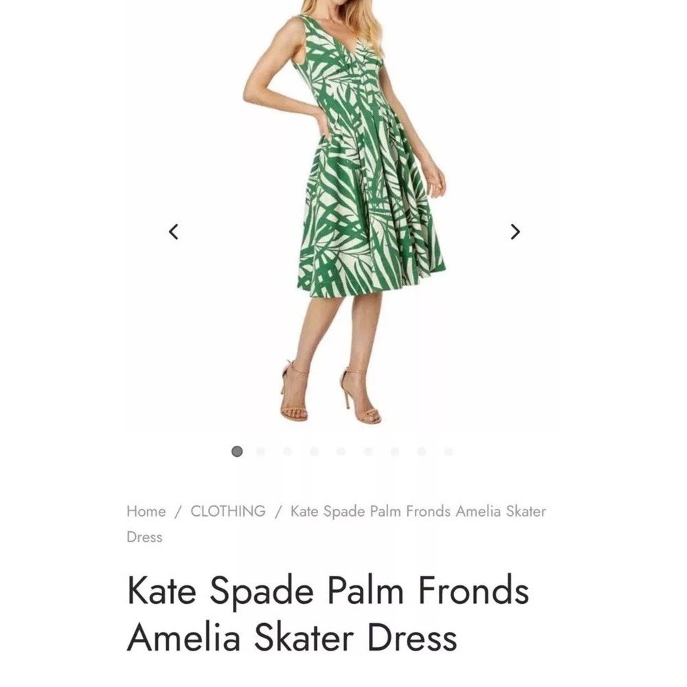 Kate Spade Palm Fronds Amelia Sz 12 Skater Dress Green Sleeveless V-Neck Pleated - Picture 10 of 11